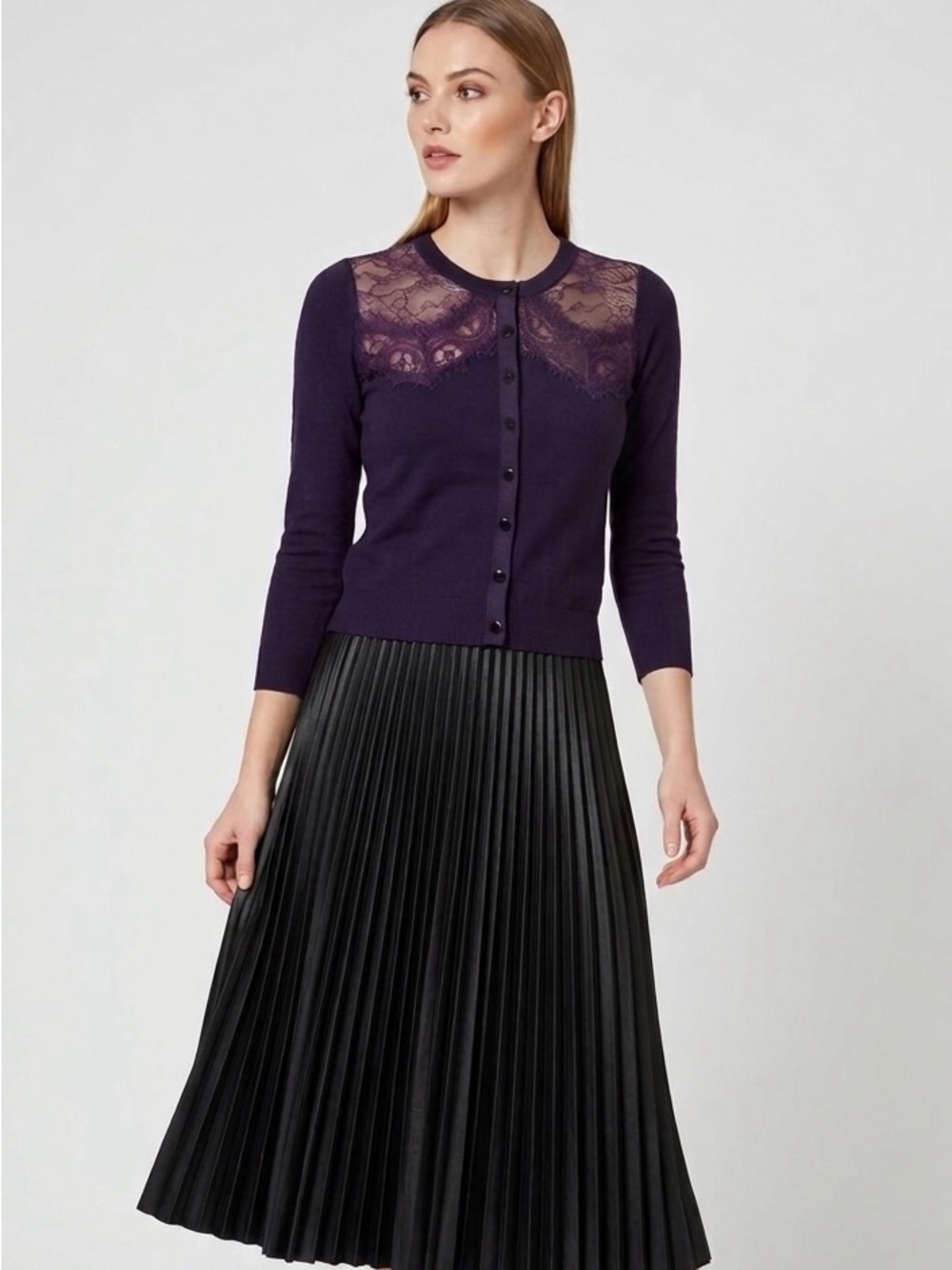 NWT KAREN MILLEN Purple Lace Knit Cardigan Sweater Size M